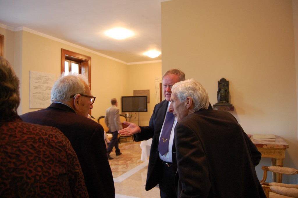 Walter Munk, Baron Martin Rees, and Charlie Kennel discuss the secrets of the Universe. . . or perhaps the high quality of the coffee break snacks. Photo credit: Matt Siegfried.