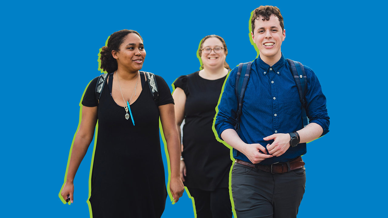 Cutout of a diverse group of three CCL volunteers walking toward the camera, with a blue background and an electric green outline around them