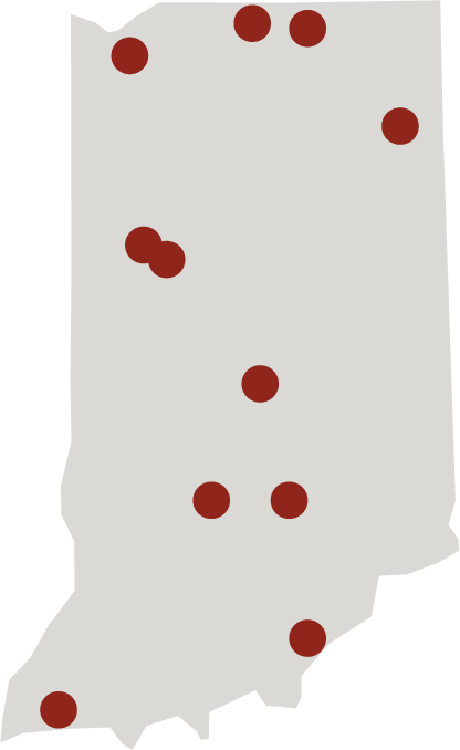 Shape of state of Indiana showing red dots for the location of active chapters