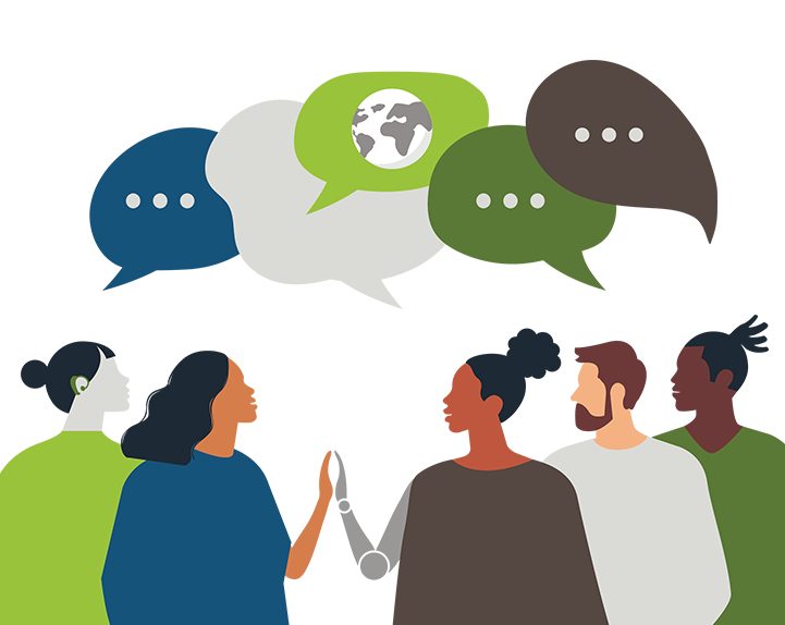 Cartoon art of diverse group of people talking with speech bubbles