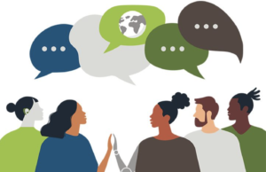 Graphic images of people of different races with different colored speech bubbles above their heads. One speech bubble has a graphic depiction of the globe.