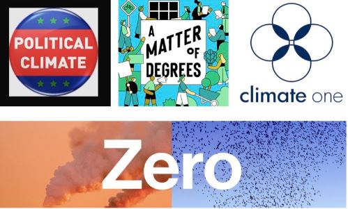 Podcasts offer deeper dive into climate issues; an image depicting several logos for climate podcasts in one collage; price on carbon; carbon price