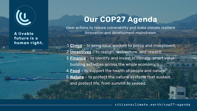 CCL Executive Director to attend COP27; CCL/CCI's agenda, including topics such as food, civics, finances, nature, and health