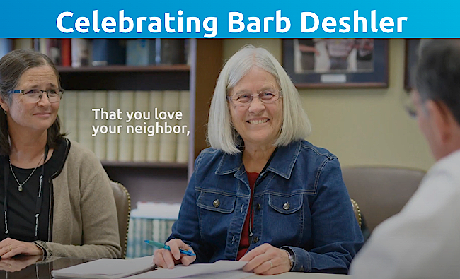 Barb Deshler, an old white woman who appeared in CCL's promo video, was a friend of Bill Barron's. She passed away earlier this year, and Bill honored her through this tour. She has a straight white bob and wears a blue jean jacket over a red blouse.