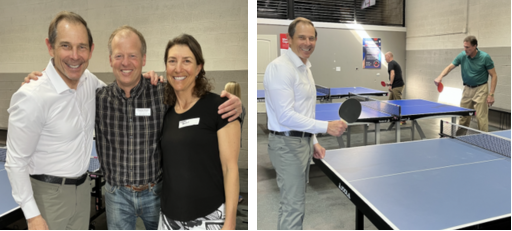 A congressman stands smiling with two CCL volunteers, one man and one woman. Second photo shows congressman playing ping pong