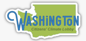 A map of Washington state is colored in green, with the words "Washington Citizens' Climate Lobby" stylized across it. The word "Washington" is in larger blue font.