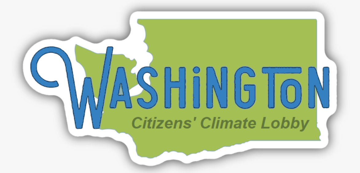 A map of Washington state is colored in green, with the words "Washington Citizens' Climate Lobby" stylized across it. The word "Washington" is in larger blue font.