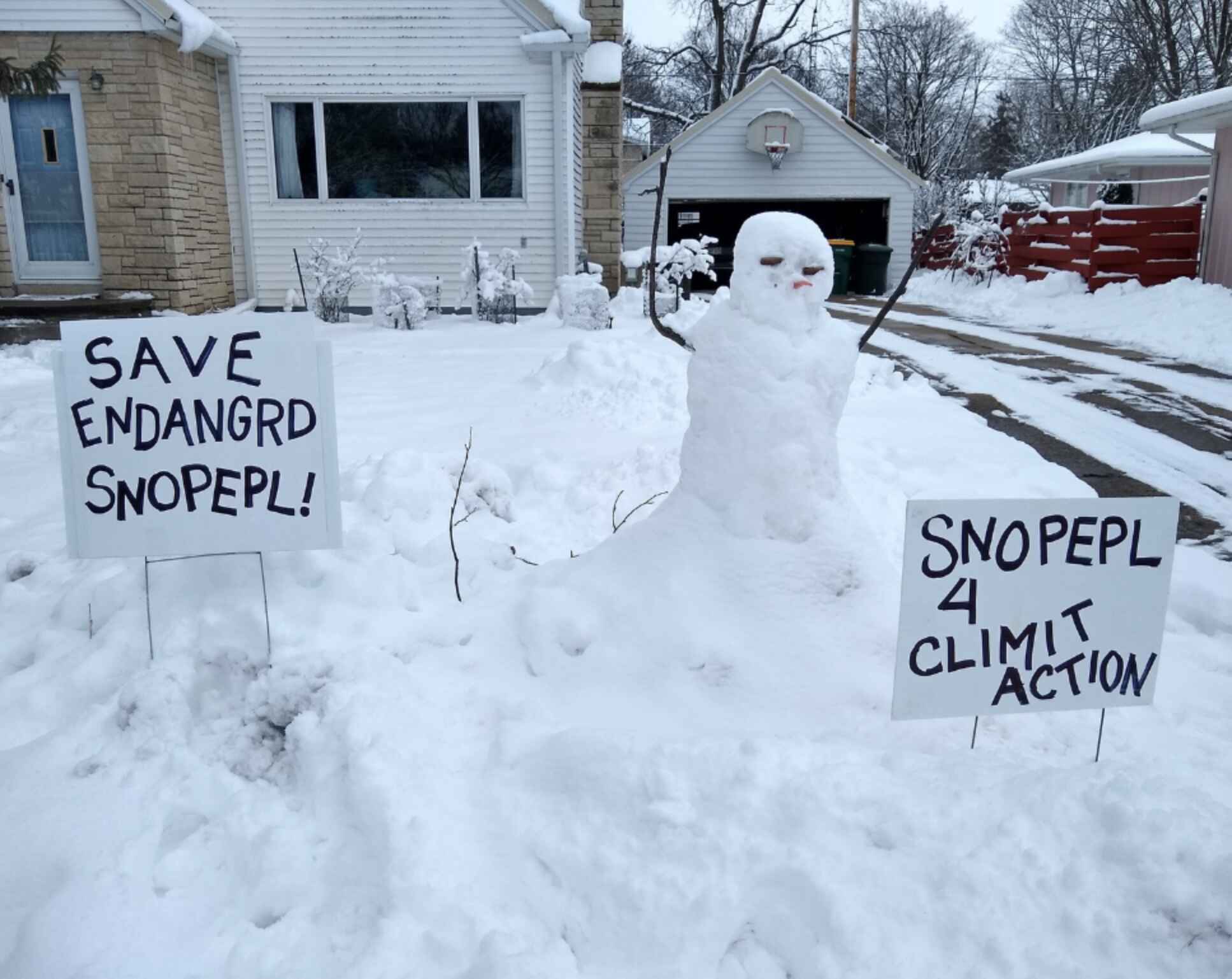 Melting snowmen caused by warming winters and climate change.