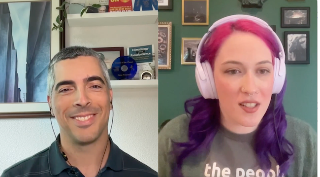A white man with short hair and a collared shirt and a white woman with pink and purple ombre hair in a split screen. Both wear headphones.