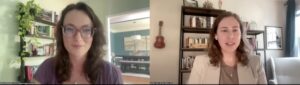 A screenshot of a video call with two speaker boxes side by side. Both speakers are white women in home office settings, with bookshelves visible behind them