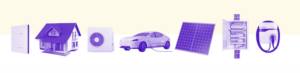Graphics showing an electric car, a solar panel, a battery, and other electric and clean energy items in a household