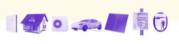Graphics showing an electric car, a solar panel, a battery, and other electric and clean energy items in a household