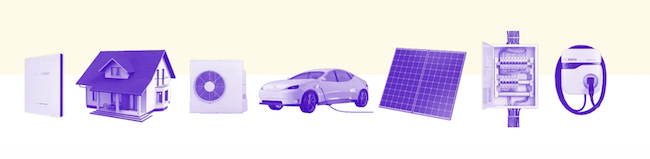 Graphics showing an electric car, a solar panel, a battery, and other electric and clean energy items in a household