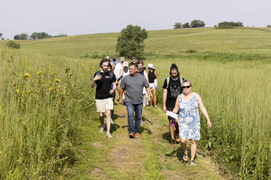 A group of people walks through a trail surrounded by a grassy meadow