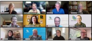 A Zoom screenshot shows 12 individual Zoom boxes with people of various ages and genders, several with backgrounds showing the CCL logo.