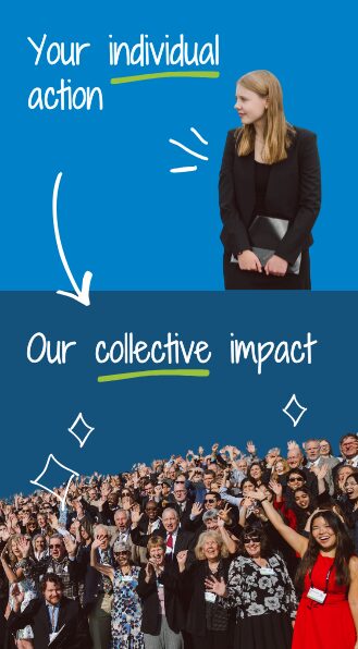 A single volunteer/donor with the message "Your individual action" with an arrow pointing to the words "Our collective impact" with a photo of a group of CCL volunteers.